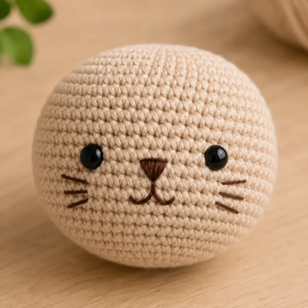 Symmetrisches Gesicht einer Amigurumi-Katze mit Augen und gestickter Nase