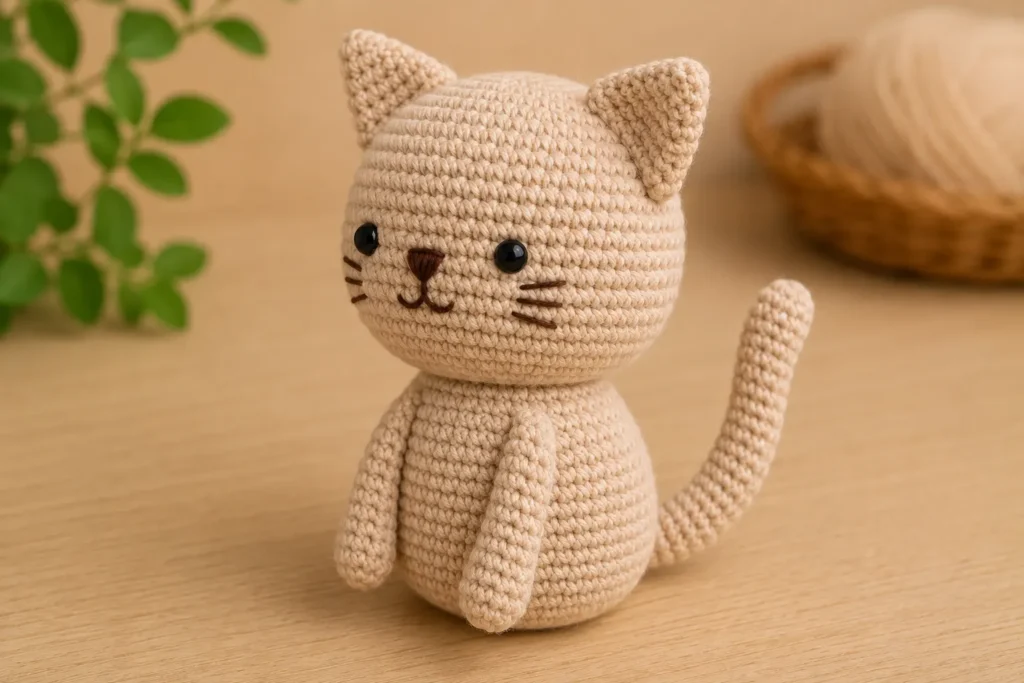 Seitliche Ansicht der Amigurumi-Katze mit montierten Vorderpfoten und Schwanz