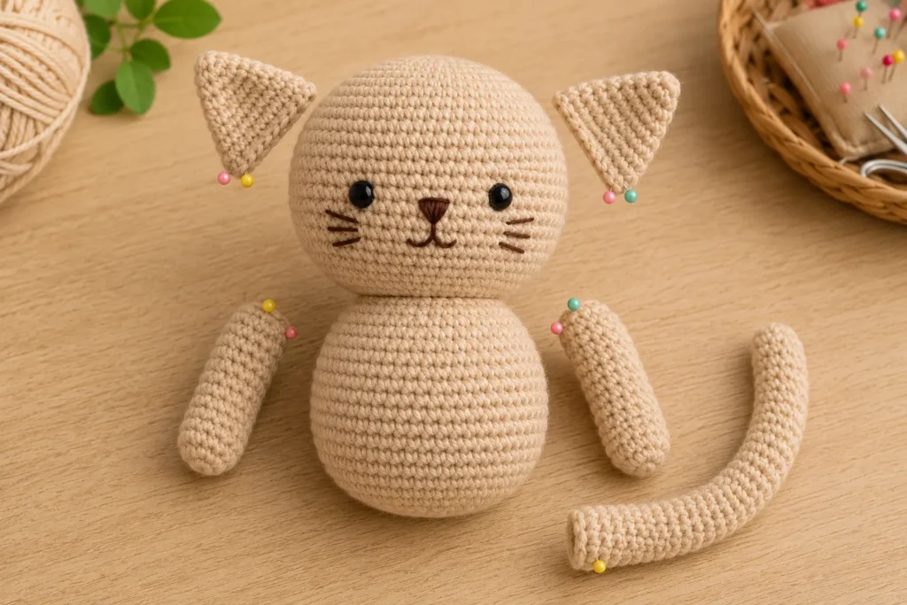 Häkelkatze mit Ohren, Vorderpfoten und Schwanz vor der finalen Montage