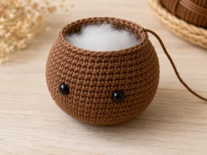 Gefüllter Amigurumi-Bärenkopf vor den letzten Abnahmerunden