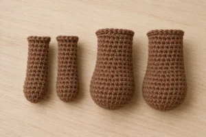Zwei Häkelarme und zwei Häkelbeine mit flachen Abschlusskanten