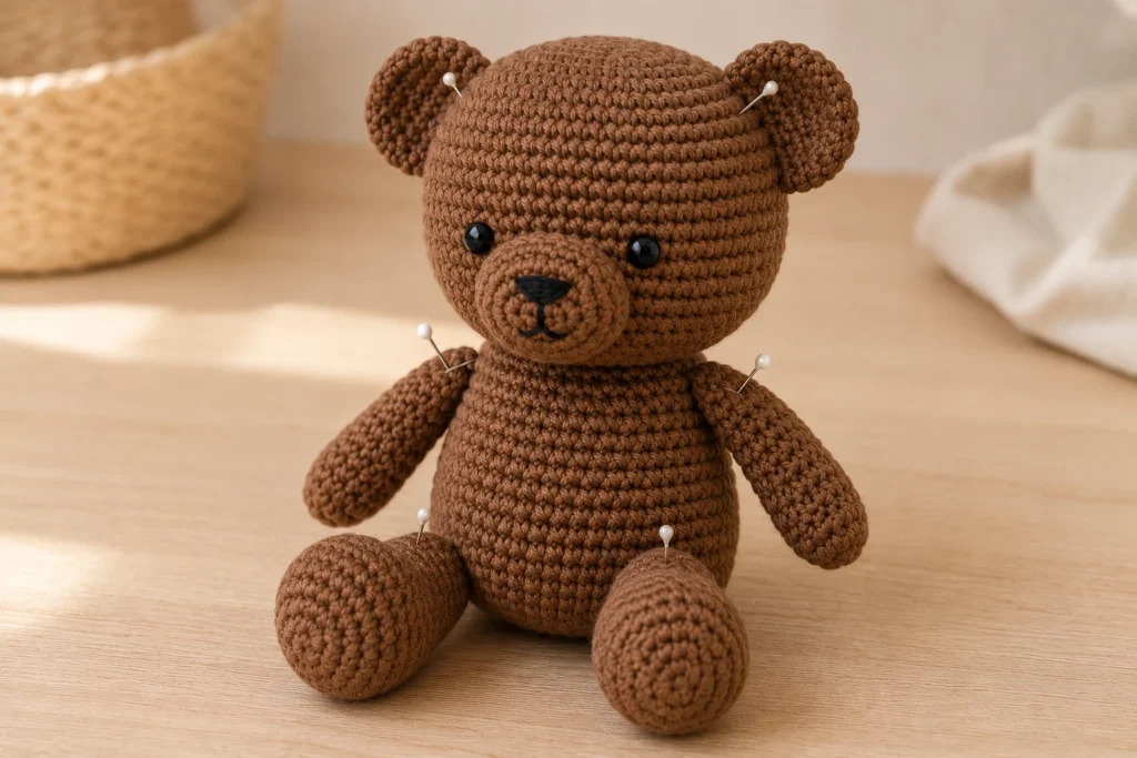 Amigurumi-Bär mit festgesteckten Ohren, Armen und Beinen vor der Endmontage