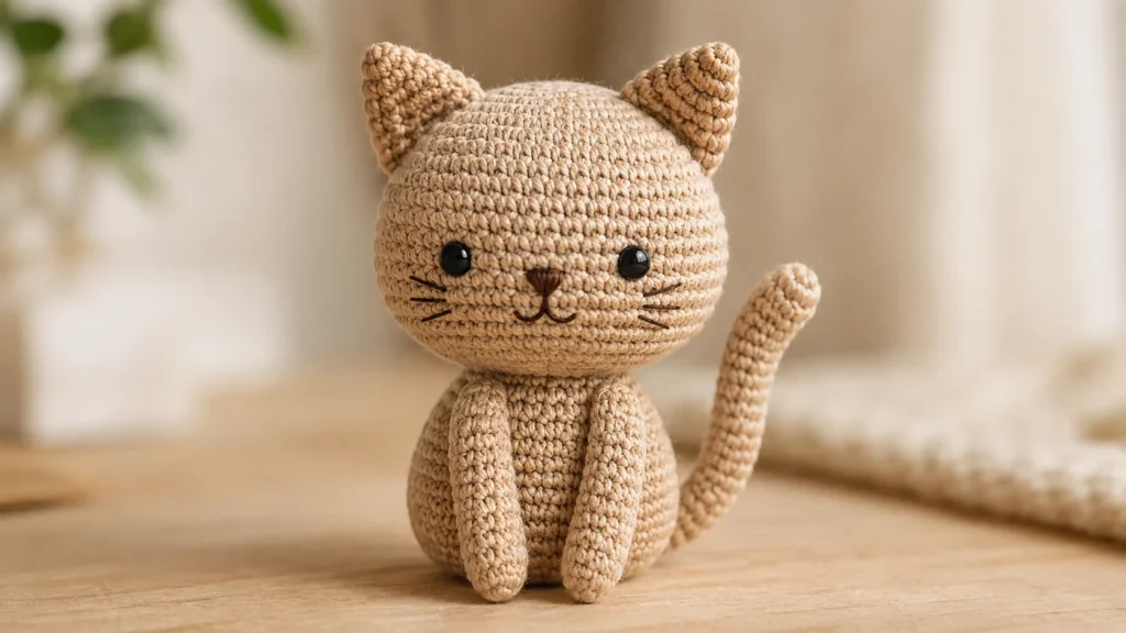Fertige sitzende Amigurumi-Katze mit Häkelohren, Vorderpfoten und Schwanz