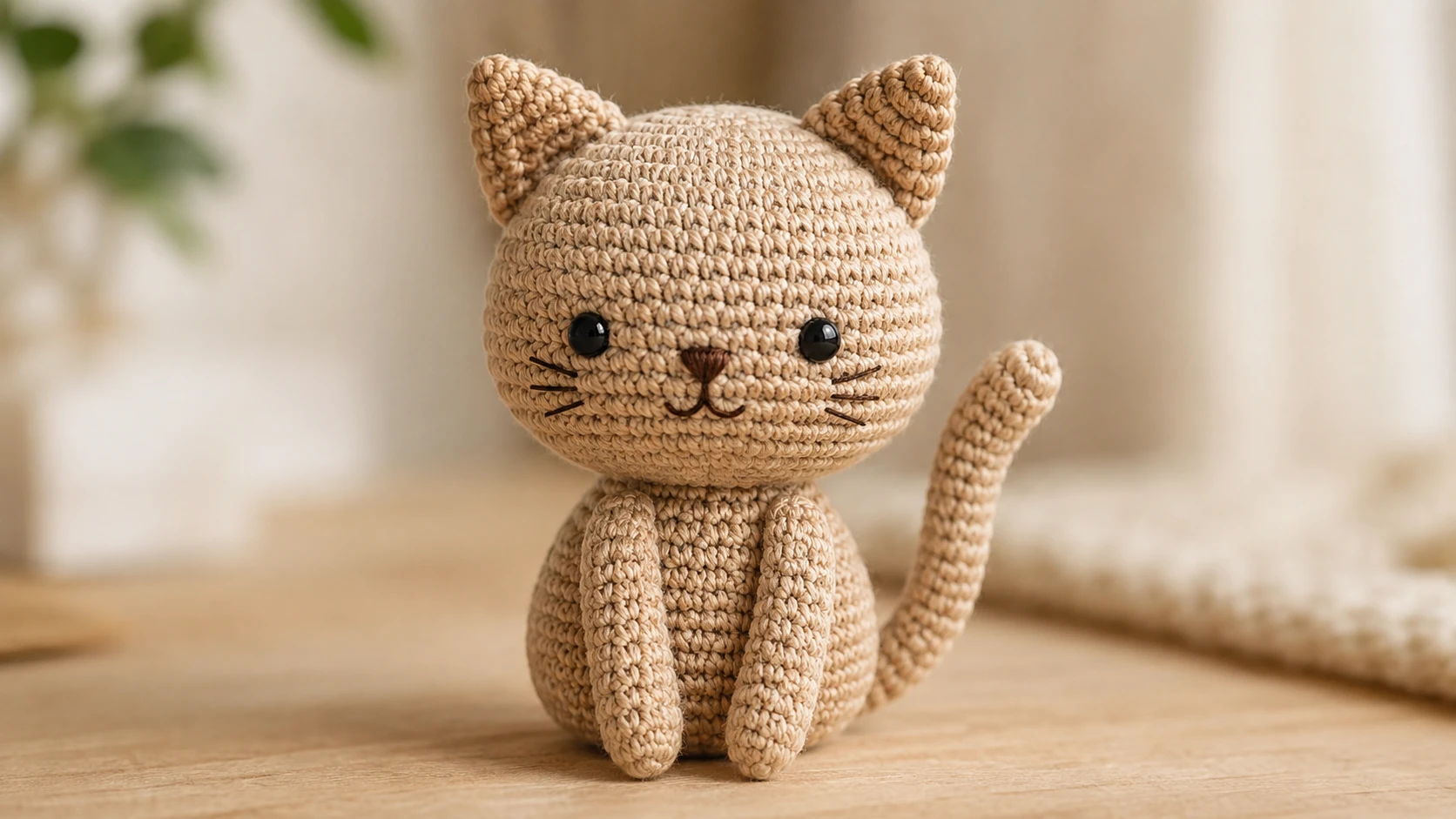 Fertige sitzende Amigurumi-Katze mit Häkelohren, Vorderpfoten und Schwanz