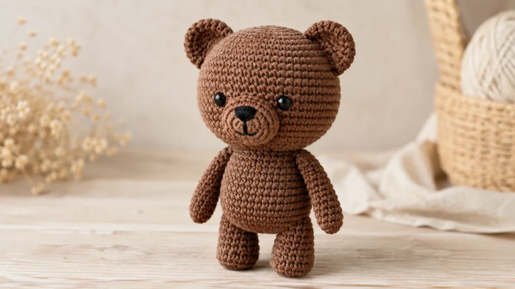 Fertiger brauner Amigurumi-Bär mit Schnauze, Armen, Beinen und Ohren