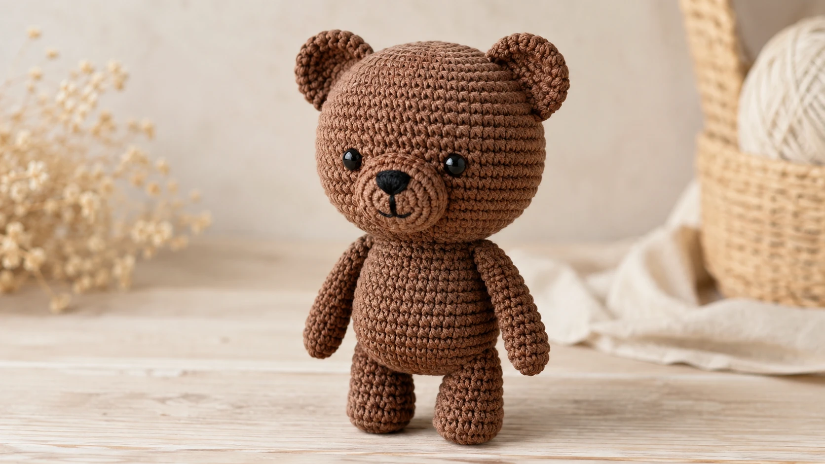 Fertiger brauner Amigurumi-Bär mit Schnauze, Armen, Beinen und Ohren